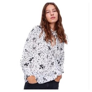 Zara Floral Star Black & White Smocked Blouse